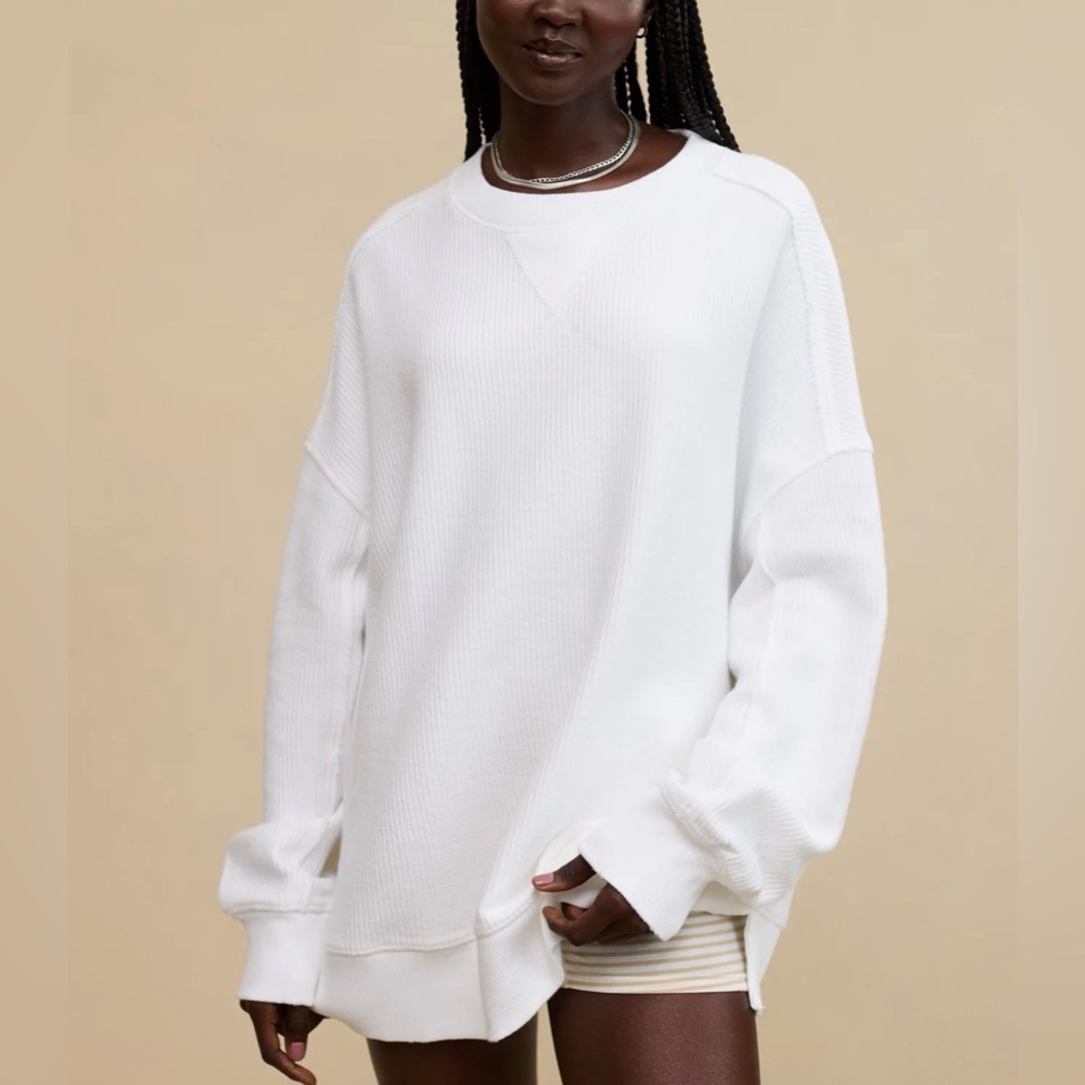 Aerie White Big Chill Oversized Distressed Sweatshirt